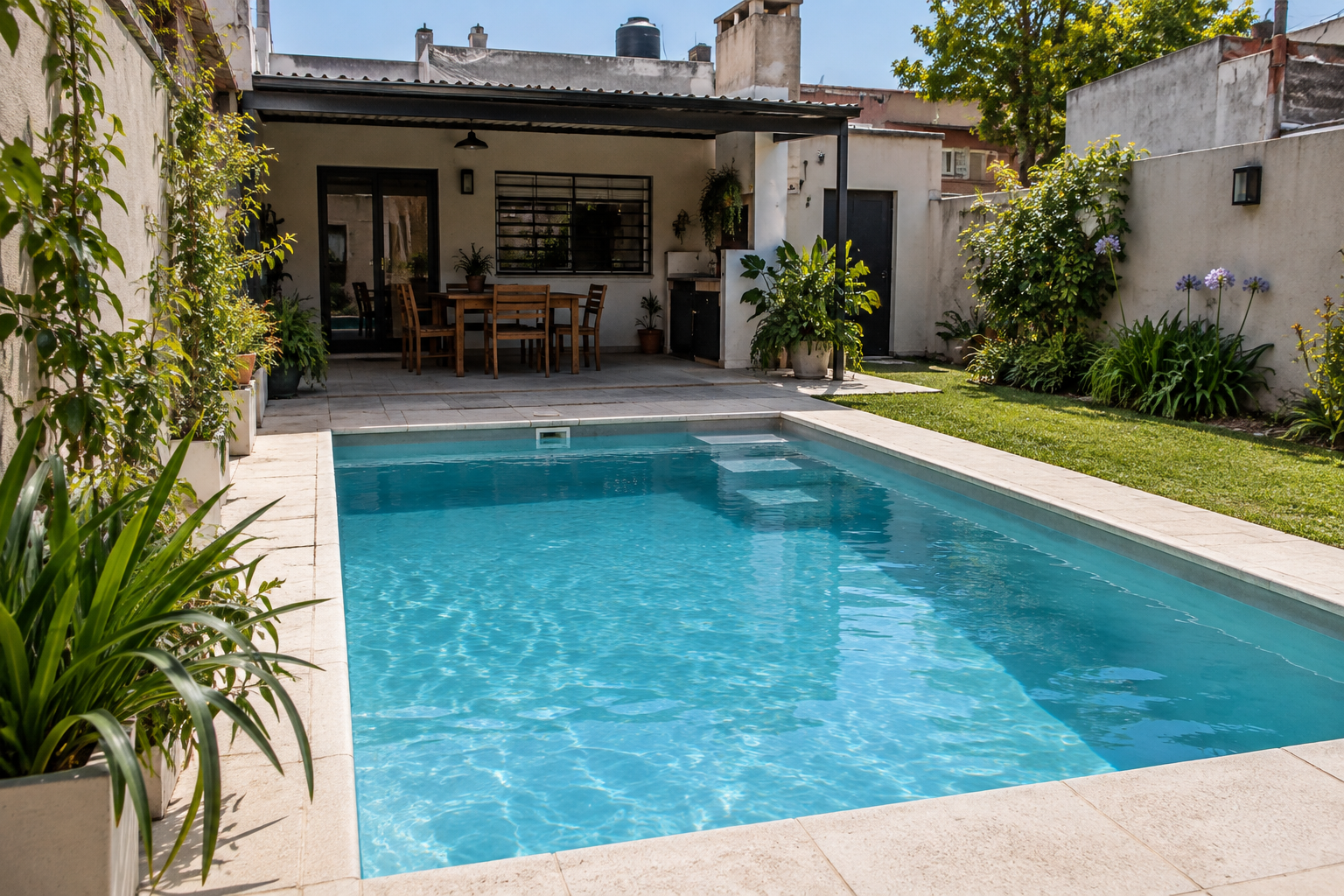 Piscina de hormigón terminada en un patio residencial de avellaneda