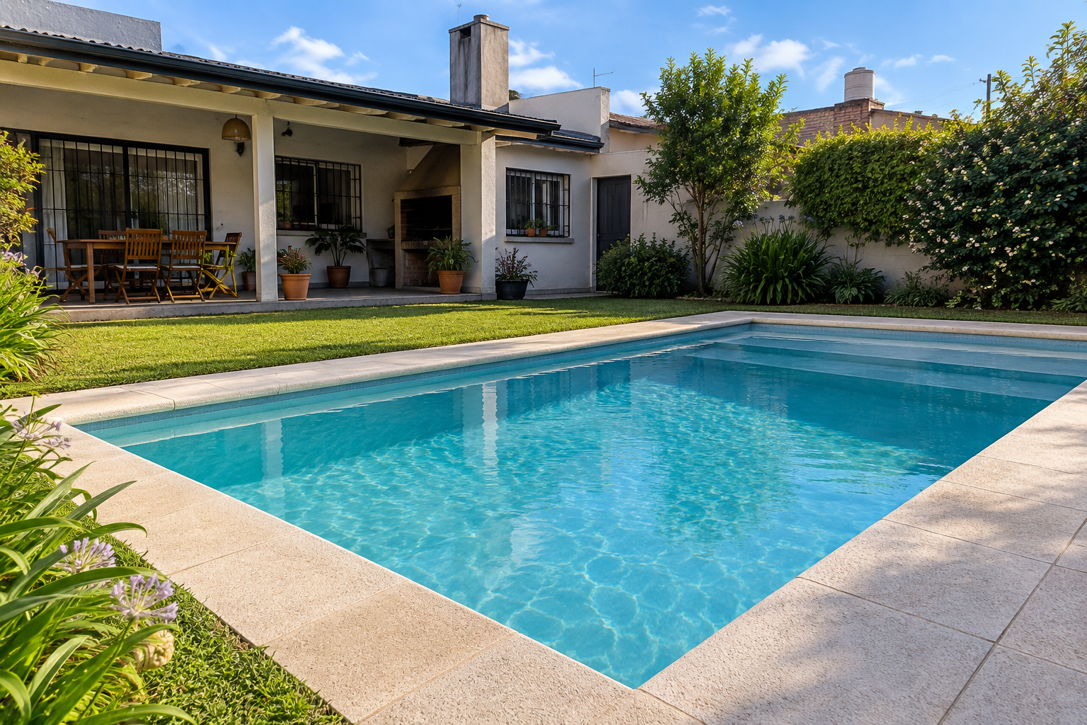 Piscina de hormigón terminada en un patio residencial de berazategui