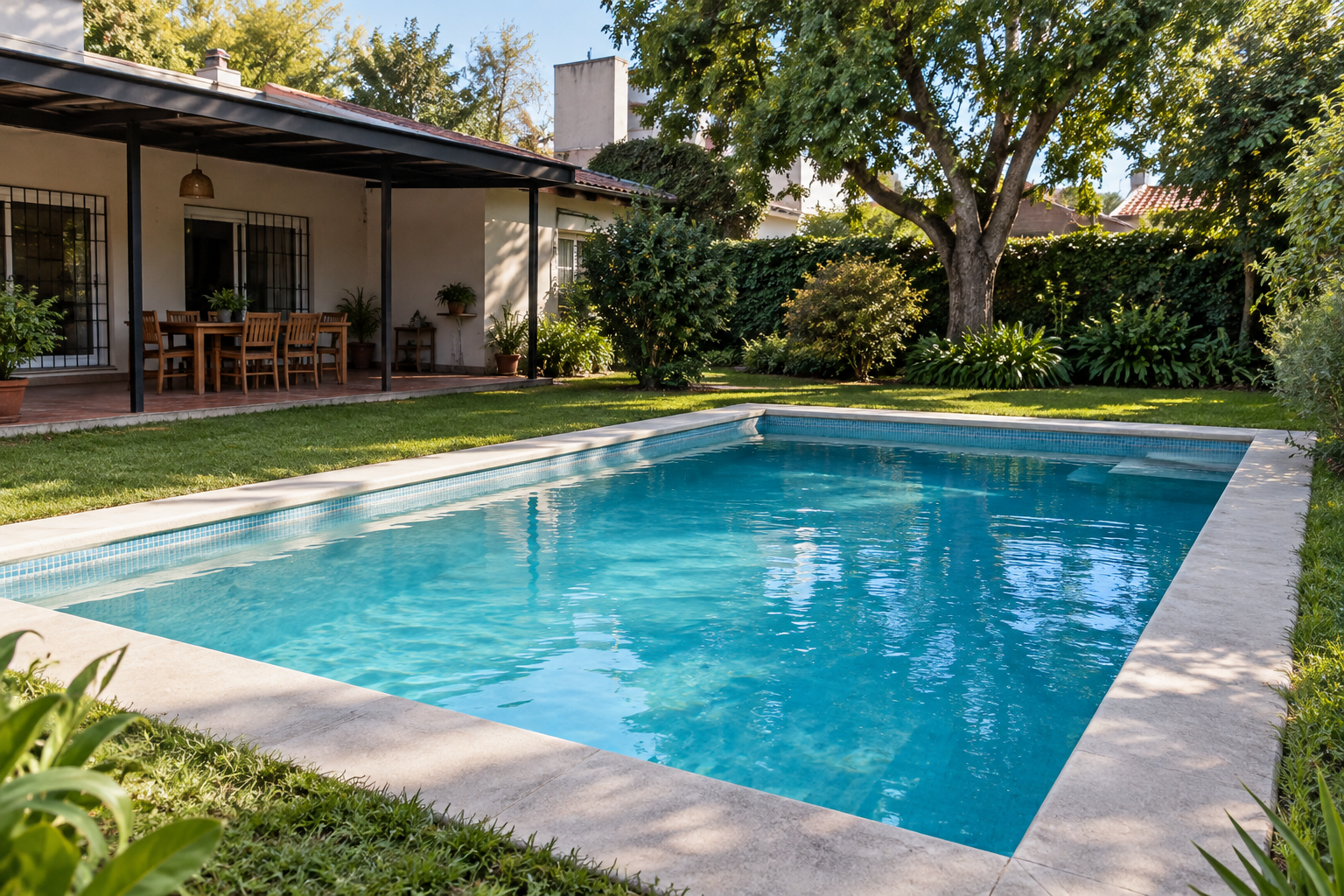 Piscina de hormigón terminada en un patio residencial de hurlingham