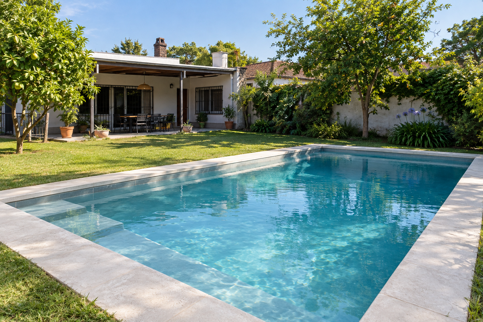 Piscina de hormigón terminada en un patio residencial de ituzaingo