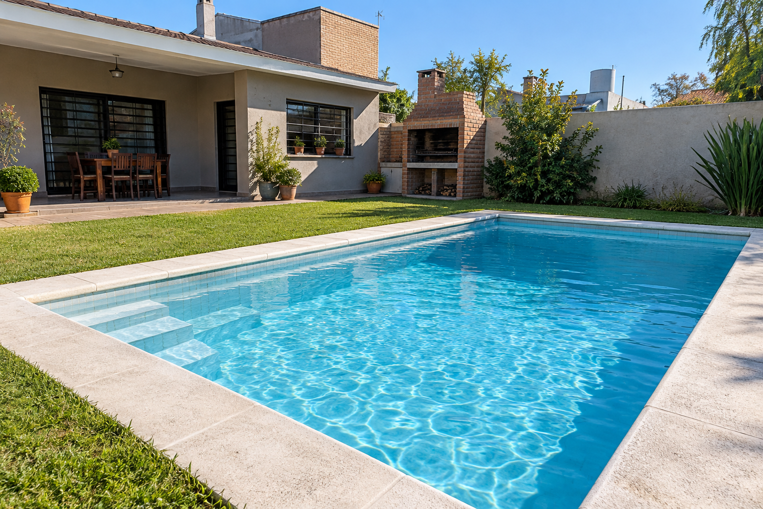 Piscina de hormigón terminada en un patio residencial de malvinas-argentinas