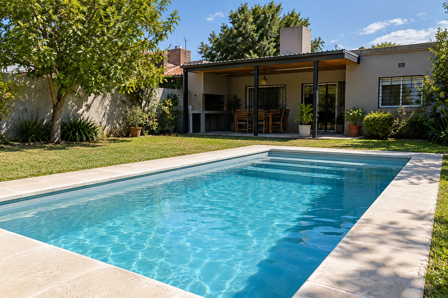 Piscina de hormigón terminada en un patio residencial de marcos-paz