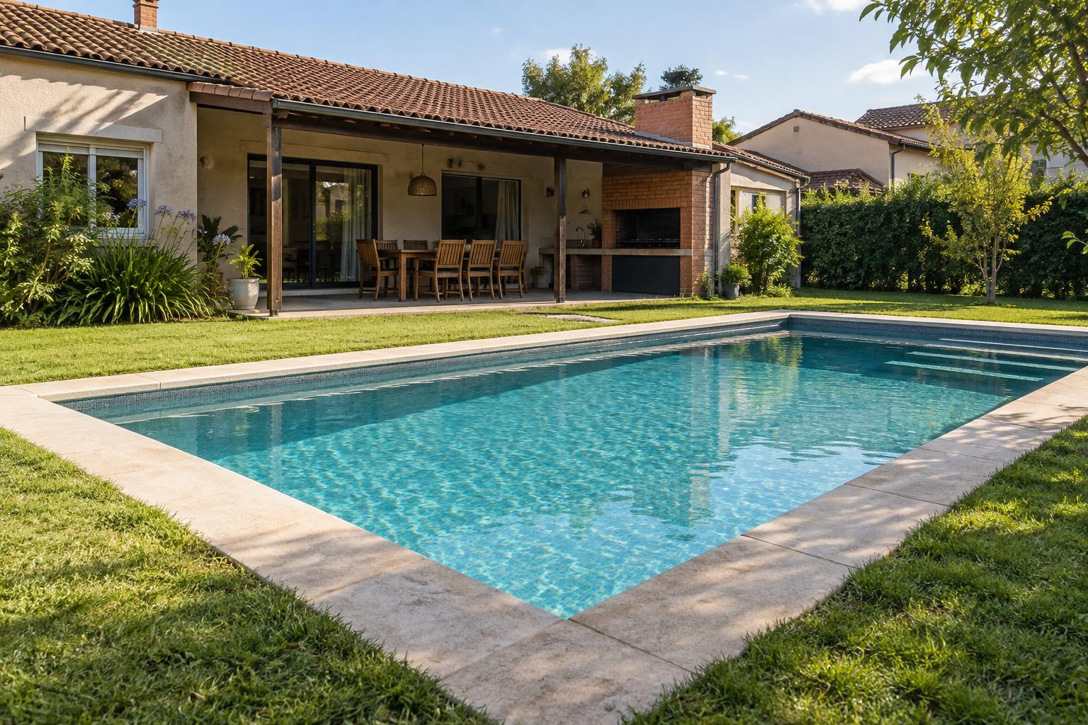 Piscina de hormigón terminada en un patio residencial de pilar