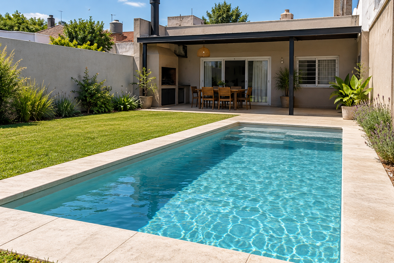 Piscina de hormigón terminada en un patio residencial de quilmes