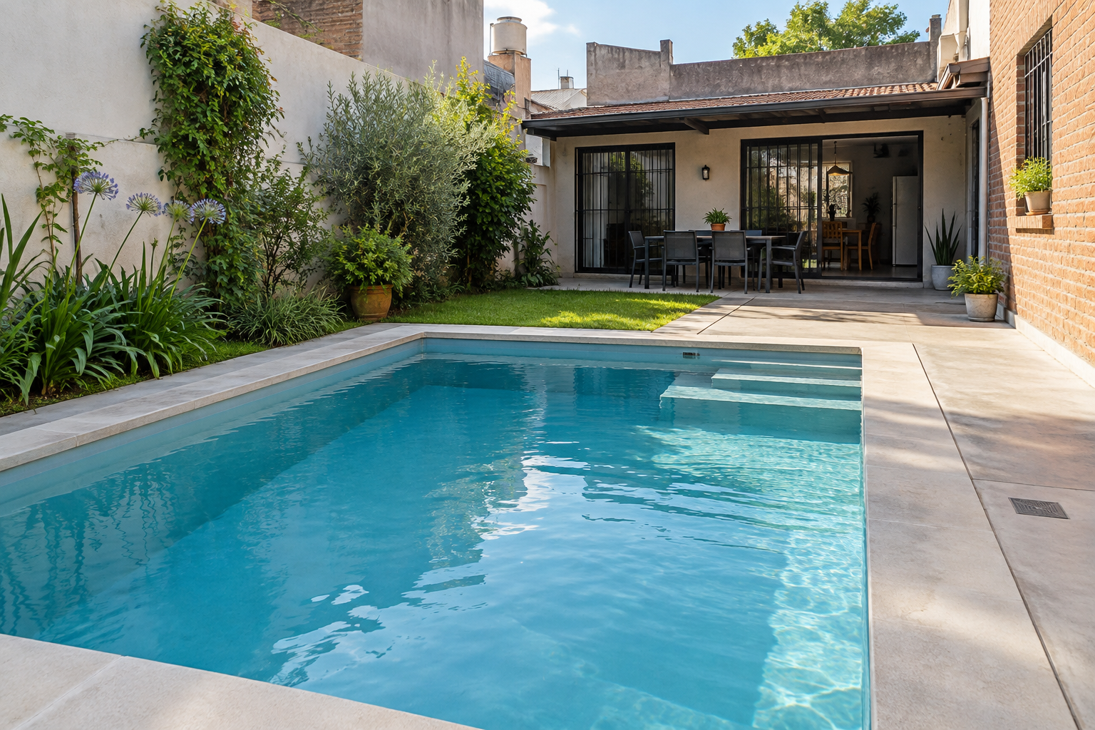 Piscina de hormigón terminada en un patio residencial de tres-de-febrero