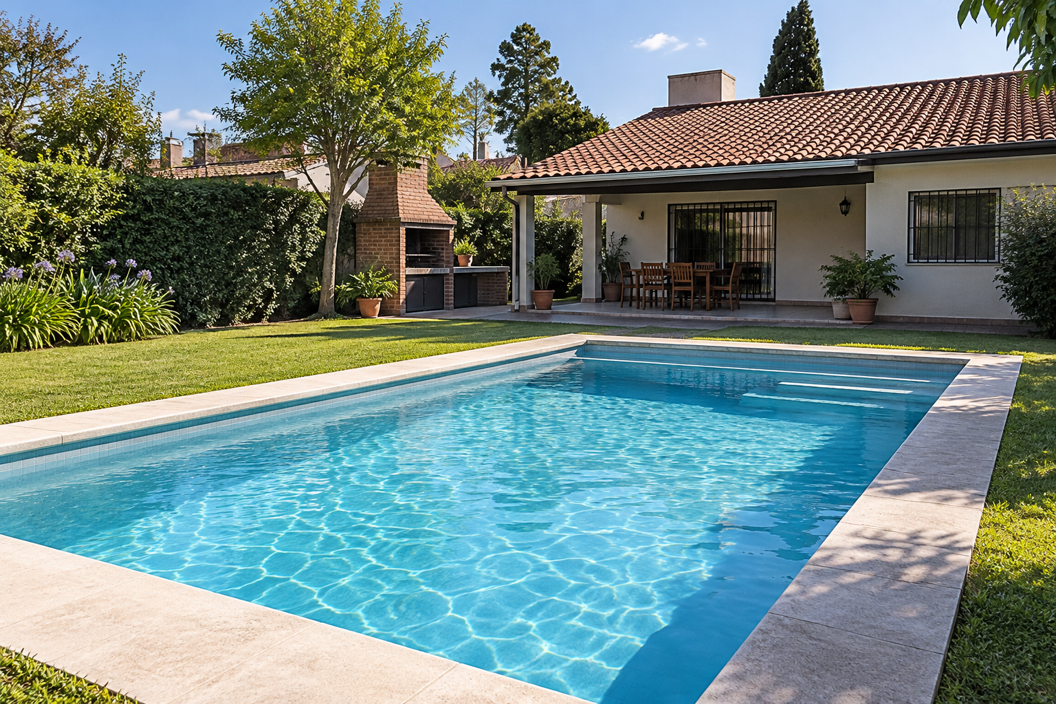 Piscina de hormigón terminada en un patio residencial de zona-norte