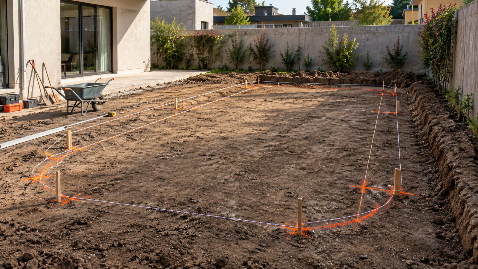 Replanteo del terreno para una piscina de hormigón